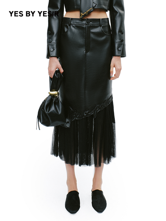 YES BY YESIR  mesh spliced mermaid leather skirt - RASP.