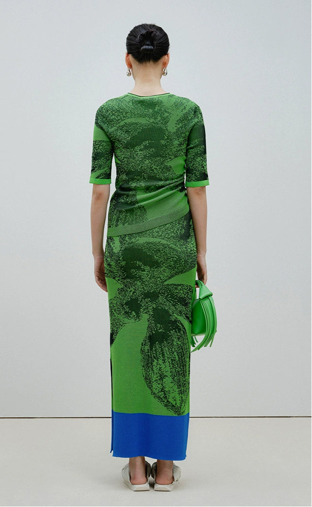 ZHUCHONGYUN Summer Green Drawstring Crew Neck Mid-Sleeve Knit Top-ARIANA.