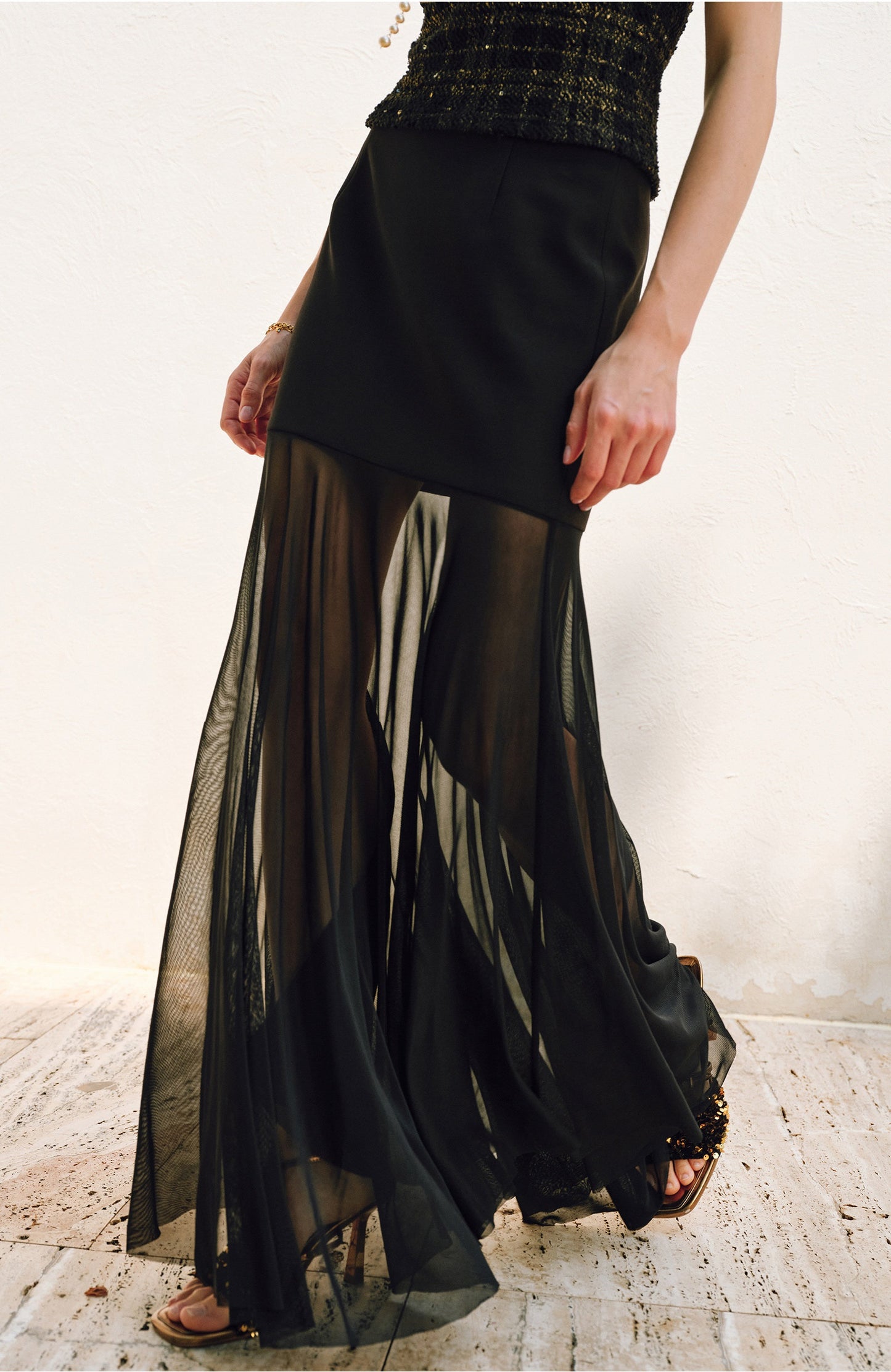 WANGXO | Twill Roman Knit with Lightweight Sheer Paneling  A-Line Hem Flowing Skirt  -RAYA
