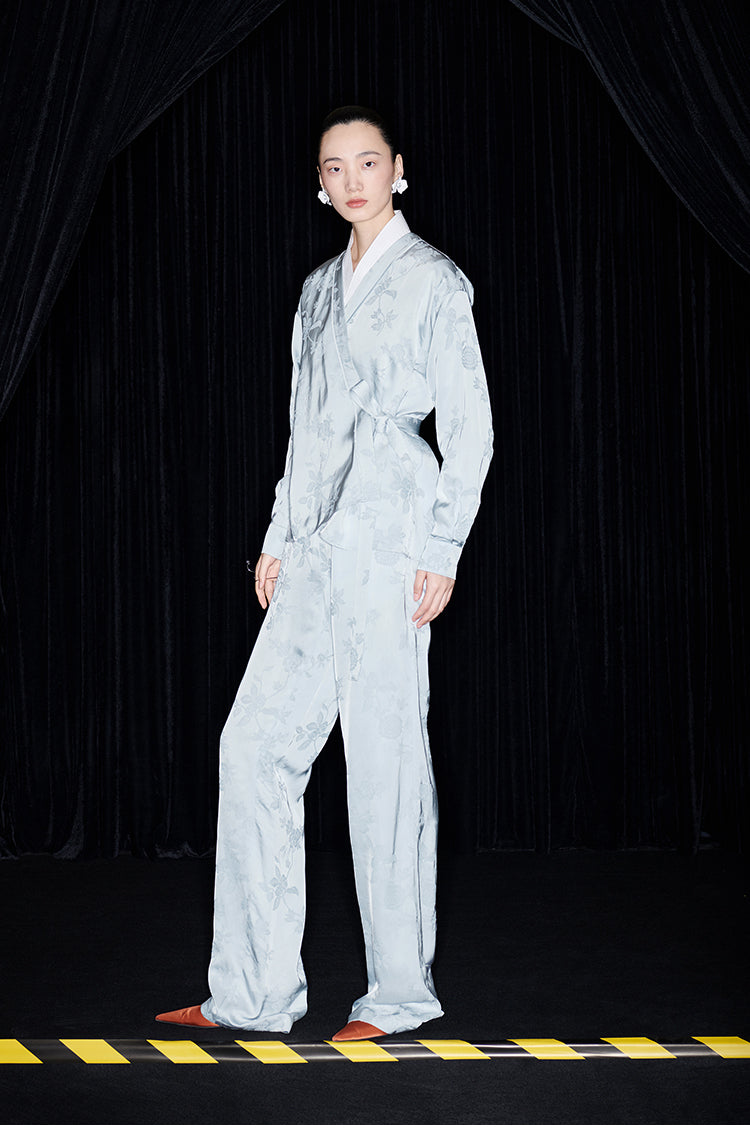 M essential Mackay designer pastel blue Jacquard knotted jacket pants suit set - Gekit.
