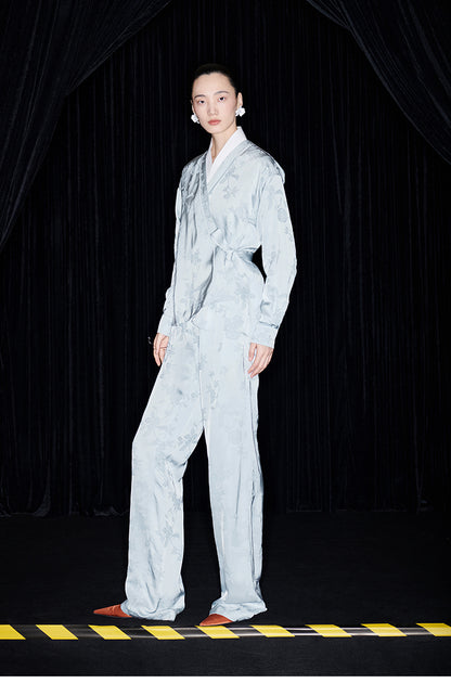 M essential Mackay designer pastel blue Jacquard knotted jacket pants suit set - Gekit.