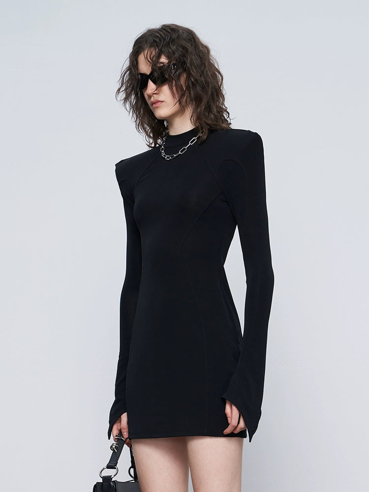 ANNAKIKI women's black acetate shoulder pads waist slim dress-ZEUS