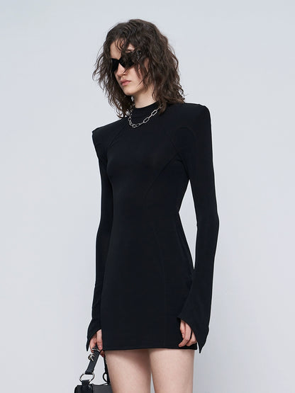 ANNAKIKI women's black acetate shoulder pads waist slim dress-ZEUS