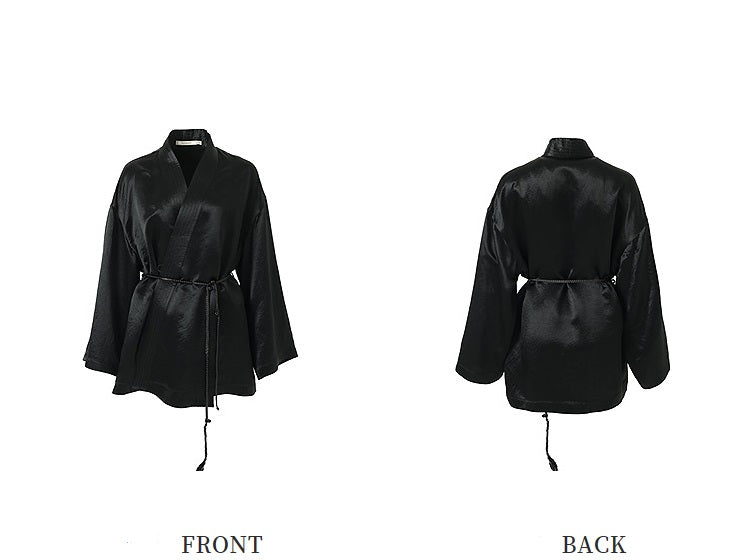 ZHUCHONGYU cross-collar satin black loose with belt jacket--MISAKI.