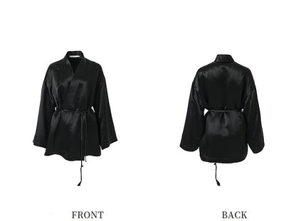 ZHUCHONGYU cross-collar satin black loose with belt jacket--MISAKI.