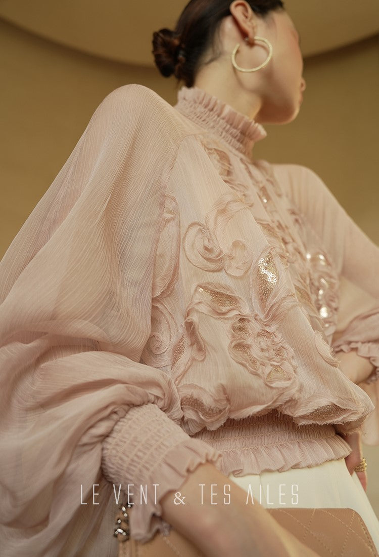 LE VENT&TES AILES Scarlet Mist Disc Sequin Tops Spring Long Sleeve Top - ANYA