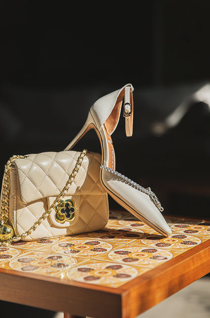 SHOESZOOO French Ankle Strap Stiletto Square Toe Crystal High Heels - MYSELF.