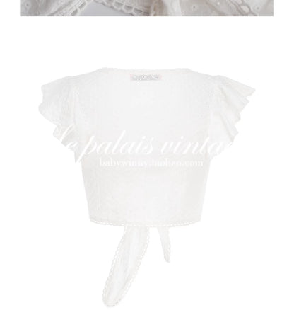 Le Palais Vintage embroidery cotton wrap short top + high-waisted bud skirt-TEE