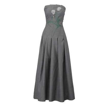 Magic Q limited gray pleated worsted wool handmade beaded strapless tube dress - Tinw