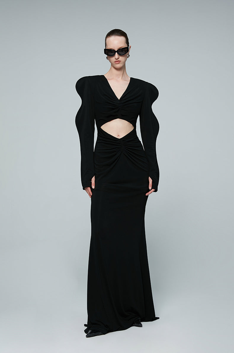 ANNAKIKI acetic acid wavy sleeve hollow V-neck dress-CHARMAINE