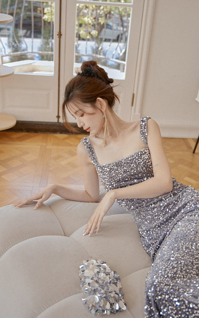 DOLLY Elegant Retro Style Square Collar Sleeveless Sequin Body Hug Evening Dress-HARPER