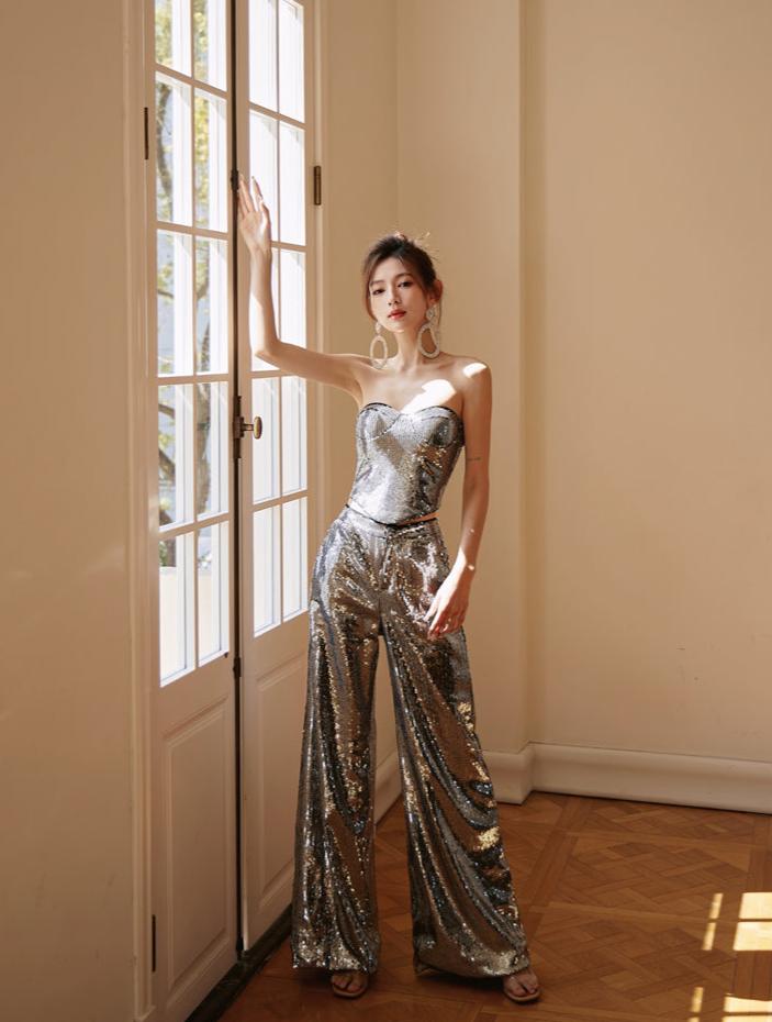 DOLLY Luxury Two Piece Sleeveless Sequin Tube Top + Long Sequin High Waist Flare Pants-THEA