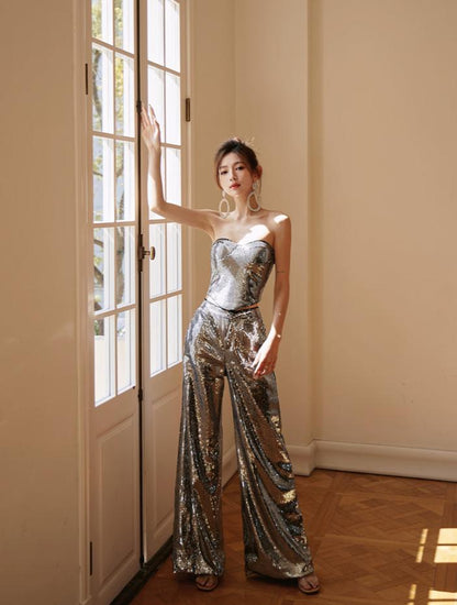 DOLLY Luxury Two Piece Sleeveless Sequin Tube Top + Long Sequin High Waist Flare Pants-THEA