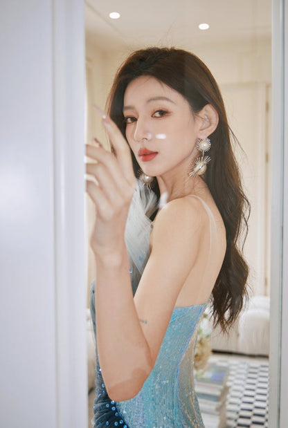 DOLLY Luxury Blue Sleeveless Mesh Bandeau High Waist Long Fish Tail Cocktail Dress-SENORA