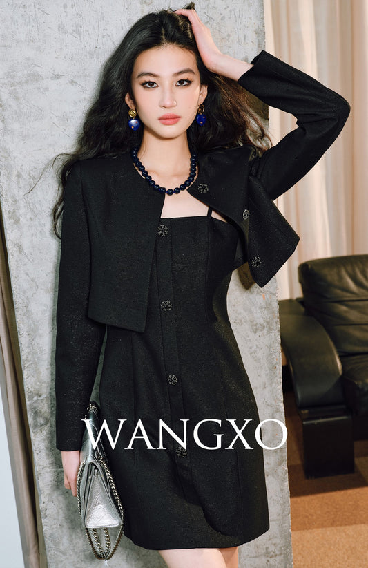 WANGXO | Silver Silk Truncated Shoulder Box Coat & Slip Dress Set -VERA.