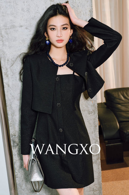 WANGXO | Luxury Silver Silk Galaxy Hot Diamond Shoulder Box Coat & Flowing Slip Dress Set -VÉRA