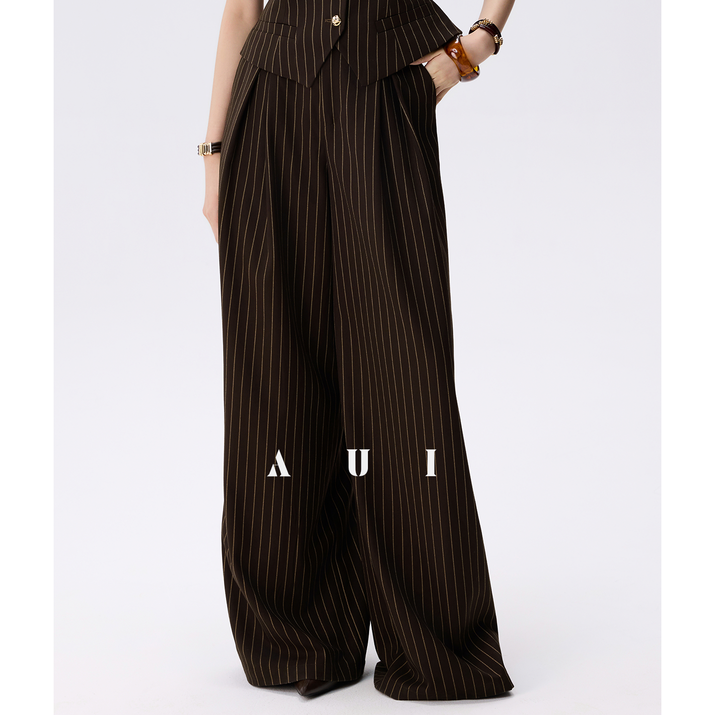 AUI Brown Striped Blazer Long Sleeve Polo Two-Piece Suit Skirt -  Haneul.