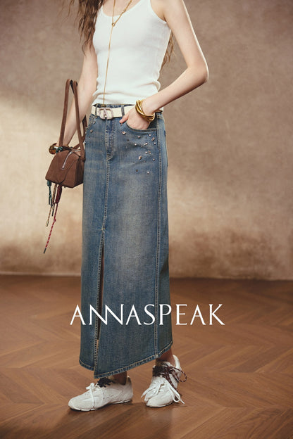ANNASPEAK Denim long staple cotton slit skirt denim skirt-ISLE.