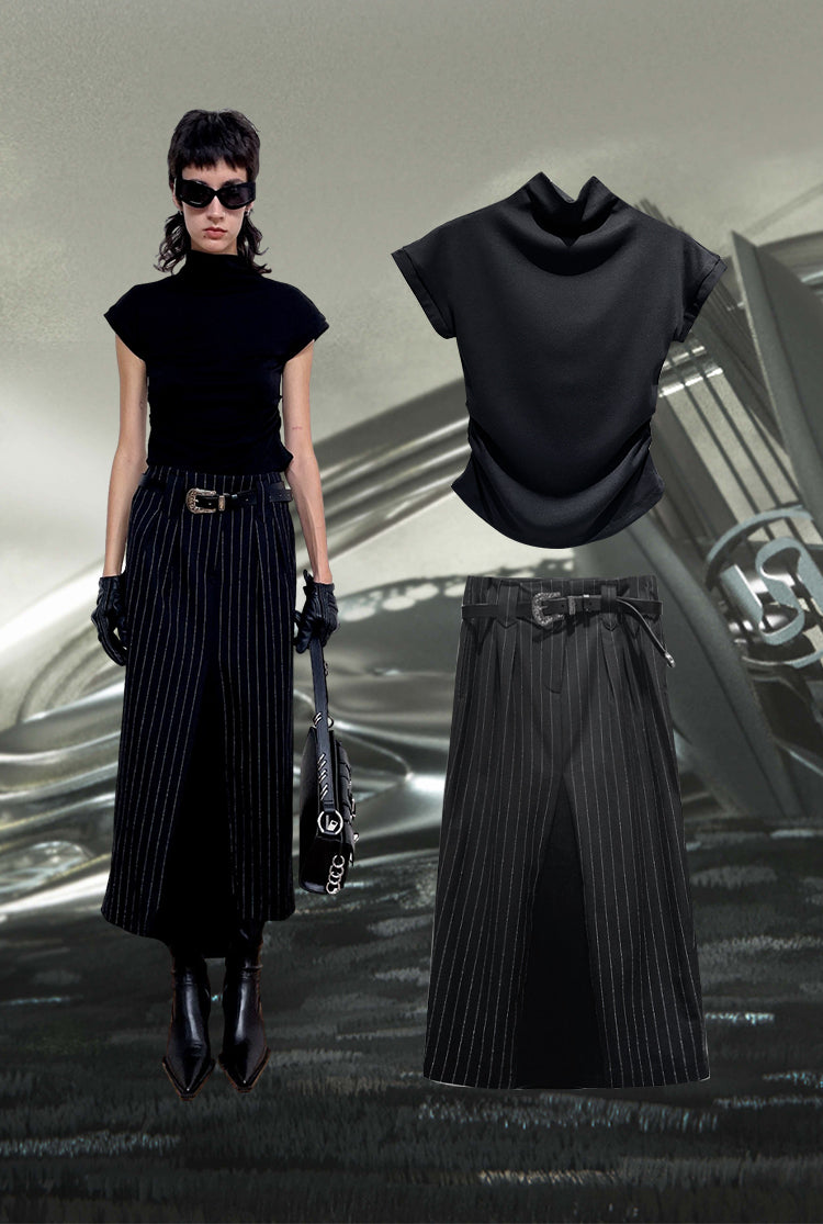 ANNAKIKI Black and White Striped Vintage Belt Trim Striped Skirt-RAVY