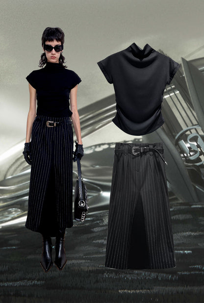 ANNAKIKI Black and White Striped Vintage Belt Trim Striped Skirt-RAVY