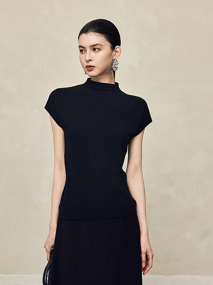 HECO Sleeveless Slim Mock Collar Red Black Gray Knit Top  - THRONE.