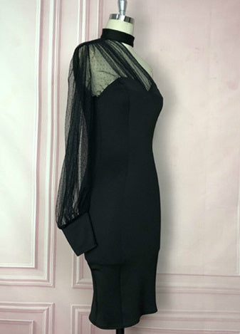 DOLLY Elegant Black One Shoulder Mesh Puff Long Sleeve Slim Fit Dinner Dress-AGNES