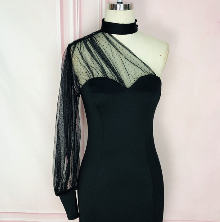 DOLLY Elegant Black One Shoulder Mesh Puff Long Sleeve Slim Fit Dinner Dress-AGNES