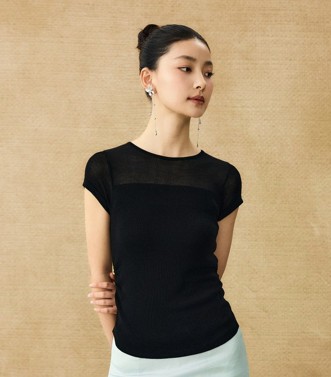 HECO Chinese style slightly transparent round neck knitted short sleeve T-shirt -BING.