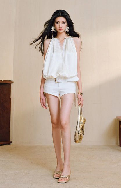 WANGXO|Lace-Trimmed Metal Chain Halterneck V-Neck Pleated Top with Delicate Texture -AYRA