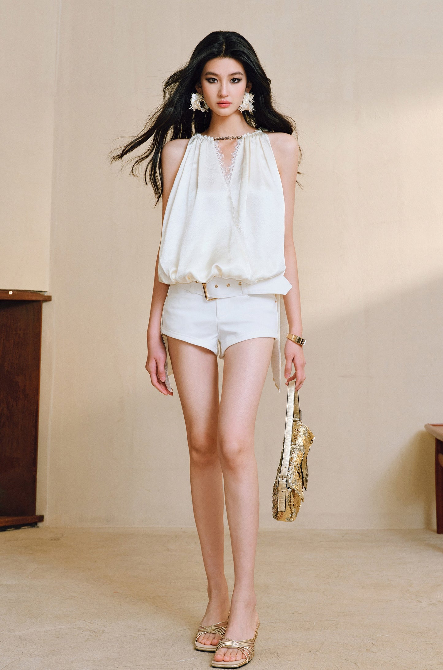 WANGXO| Acetate  Lace-Trimmed Metal Chain Halterneck V-Neck Pleated Top -AYRA.