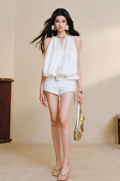 WANGXO| Acetate  Lace-Trimmed Metal Chain Halterneck V-Neck Pleated Top -AYRA.