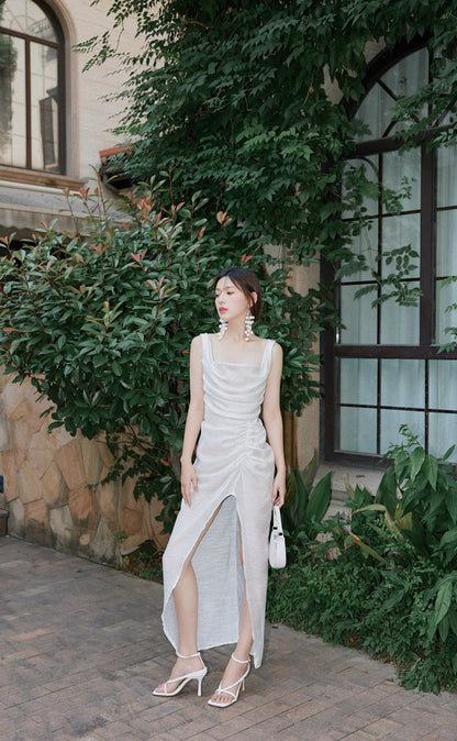 DOLLY High End White Retro Style Sleeveless Long Pleated Slit Cocktail Dress-SARAI