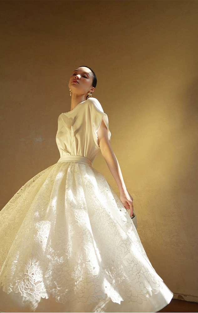 LE VENT&TES AILES French embroidery lace elegant A-line fill skirt-ESME