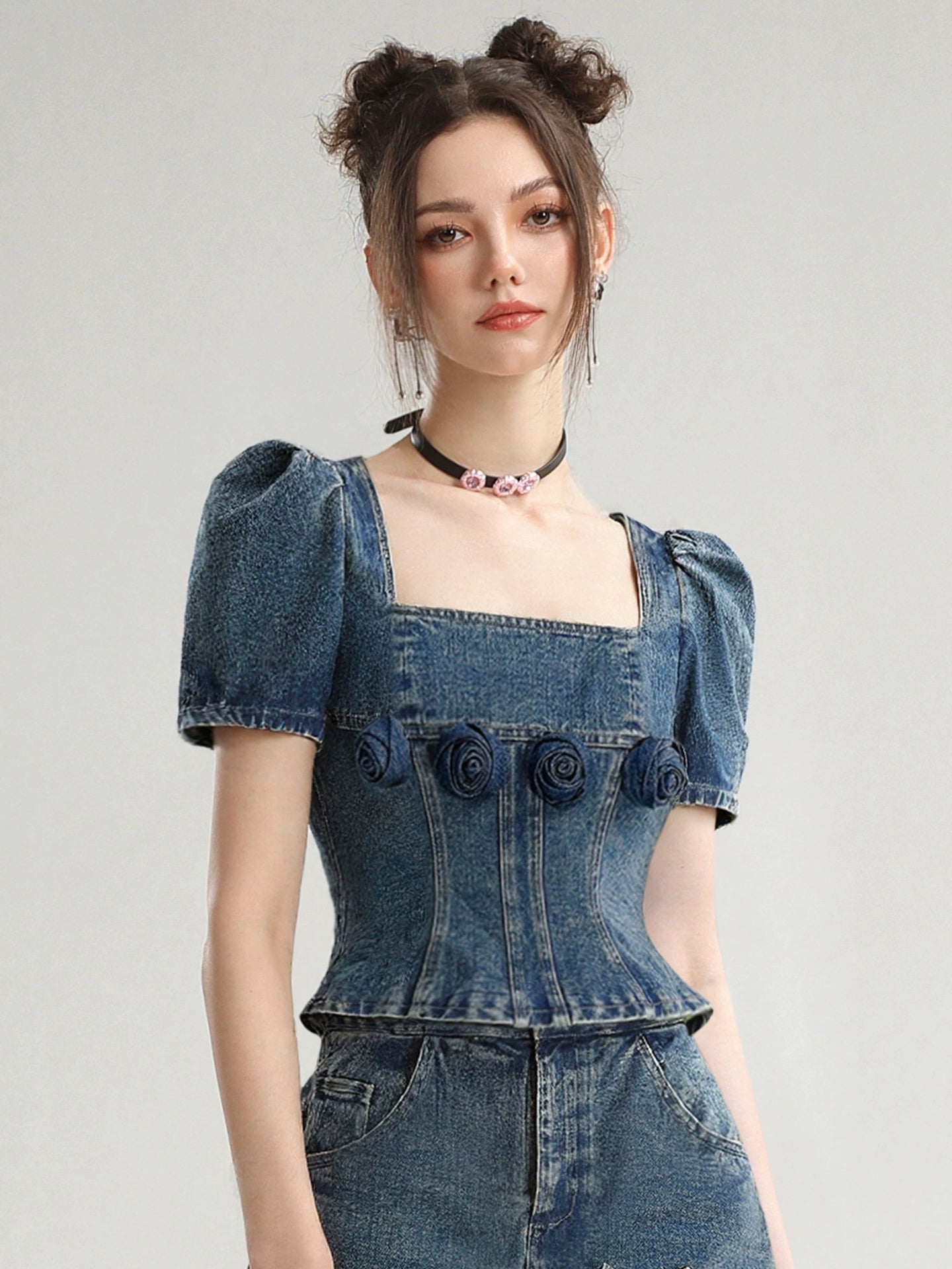 CHECOCRE Stubble sweet suit hakam three-dimensional rose retro fashionable denim skirt - VAIN.