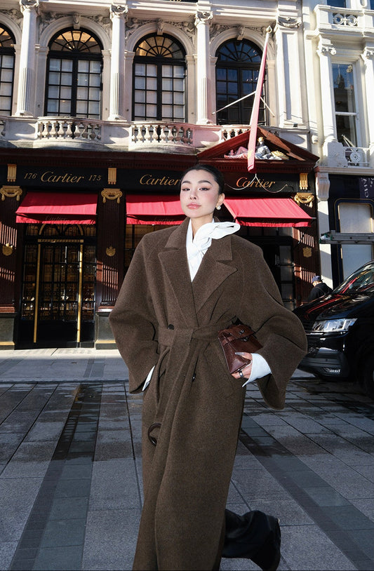 MEI SANGUAN wool chestnut double-breasted belt woolen jacket - CAMILA