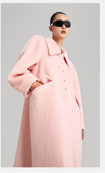 LEDIM W wool square neck pastel salmon pink loose long winter coat- Fan