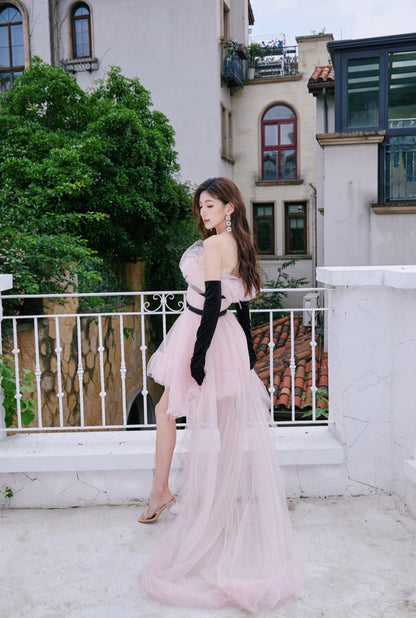 DOLLY High End Pink Sleeveless Mesh Puffy Tutu Trail Birthday Dress-ISIDORA