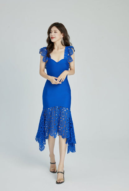 DOLLY Elegant White/Yellow V-Neck Sleeveless Lace Midi Birthday Guest Dress-THALIA