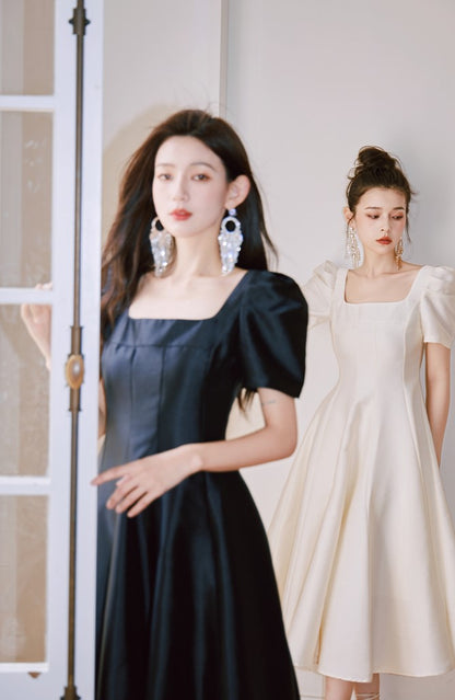 DOLLY Elegant Retro Square Neck Short Puff Sleeve Satin Long A-Line Dress-BAMBI