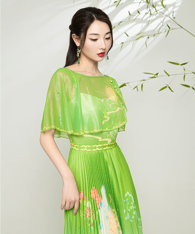 MagicQ's asymmetric placket shawl gradient willow leaf print pleated dress- Mika