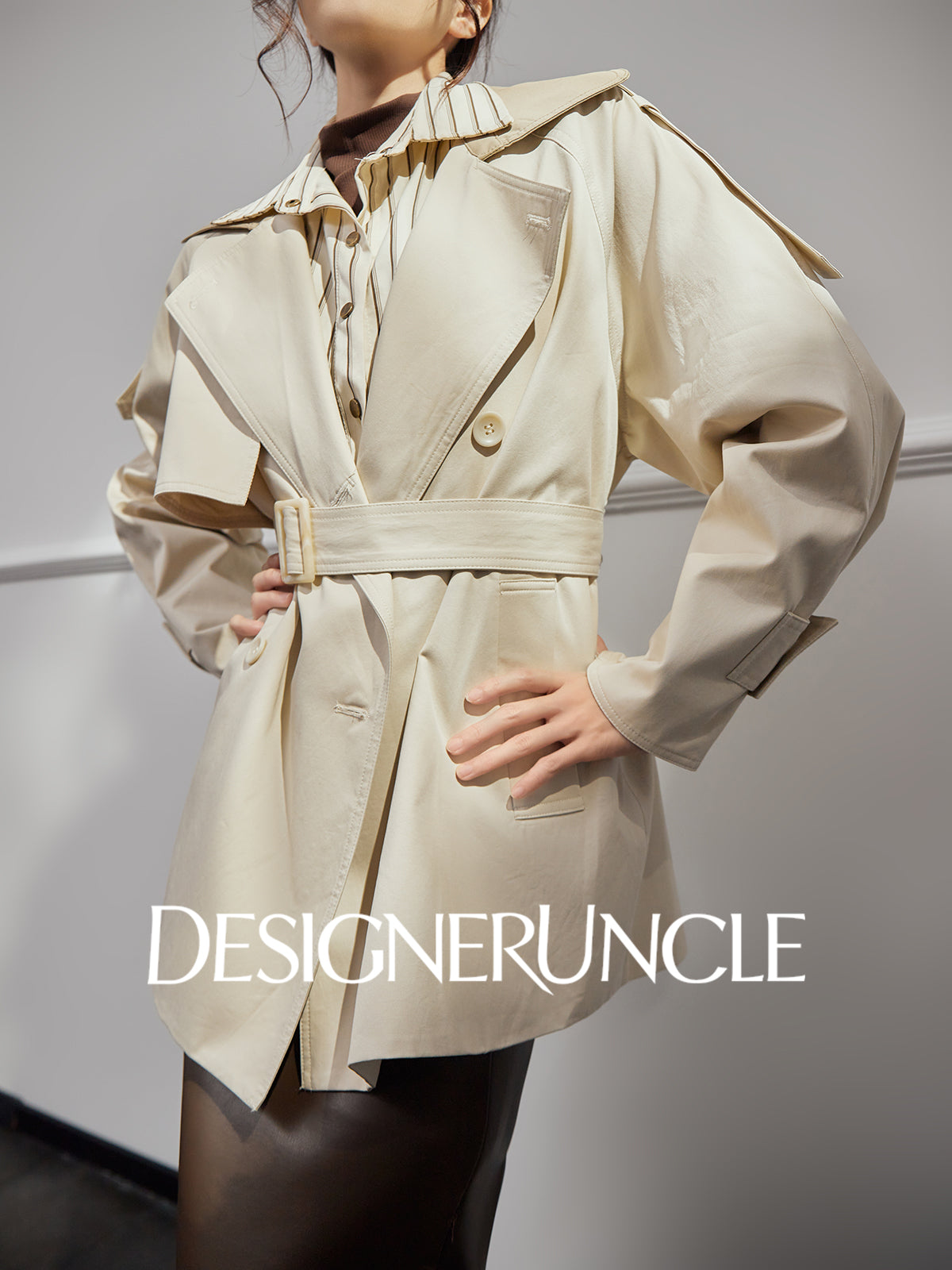 DGU "Curtain Walk" khaki long trench British style waist design jacket - Davina.