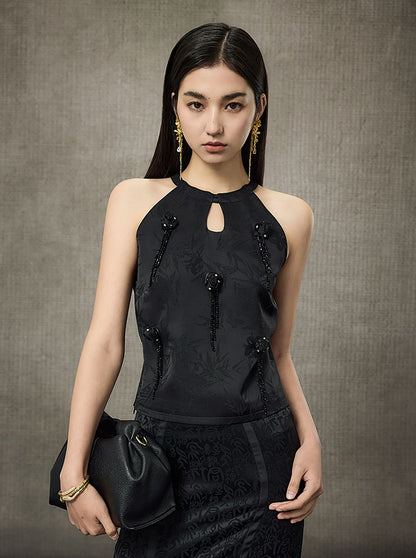 HECO Sleeveless Halterneck Handmade Rose Tassel Vest - BACK.