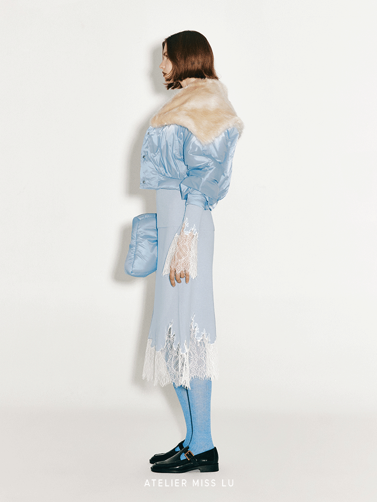 ATELIER MISS LU Faux Fur Collar Cropped Padded Jacket - KERRY.
