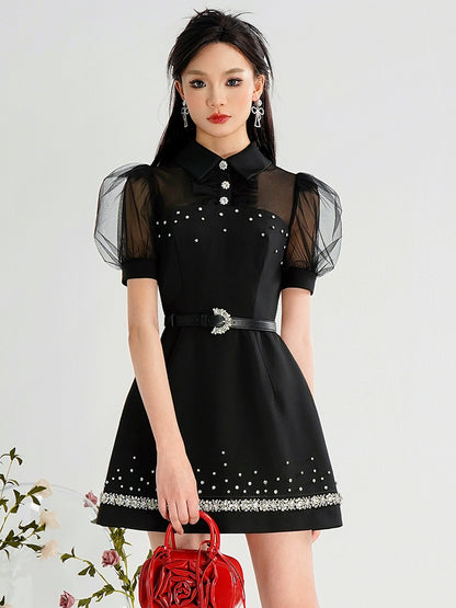 CHECOCRE Cute Nail Diamond Mesh Puff Sleeves Little Black Dress - INOVATIVE
