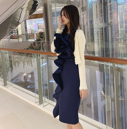 DOLLY Elegant French Style Sleeveless Ruffle Collar Slim Fit Midi Cocktail Dress-BANNIE