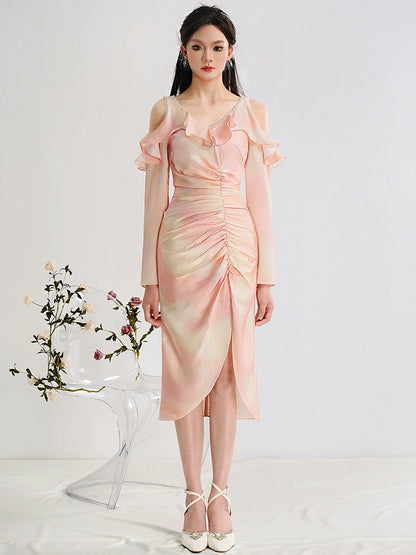 CHECOCRE Elegant Pink Smudge Sexy Off-the-shoulder Slit Midi Dress - CHERRY