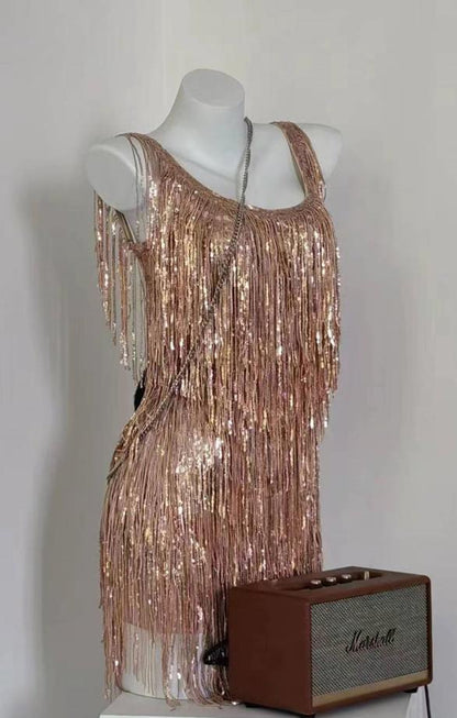 DOLLY Luxury U-Neck Star Light Tassel Sleeveless Backless Short Party Dress-PHEOBE