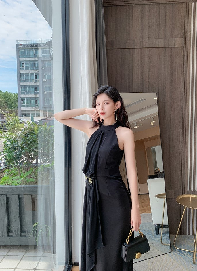 DOLLY Elegant Retro Style Black Sleeveless Halter Neck Long Chiffon Banquet Dress-