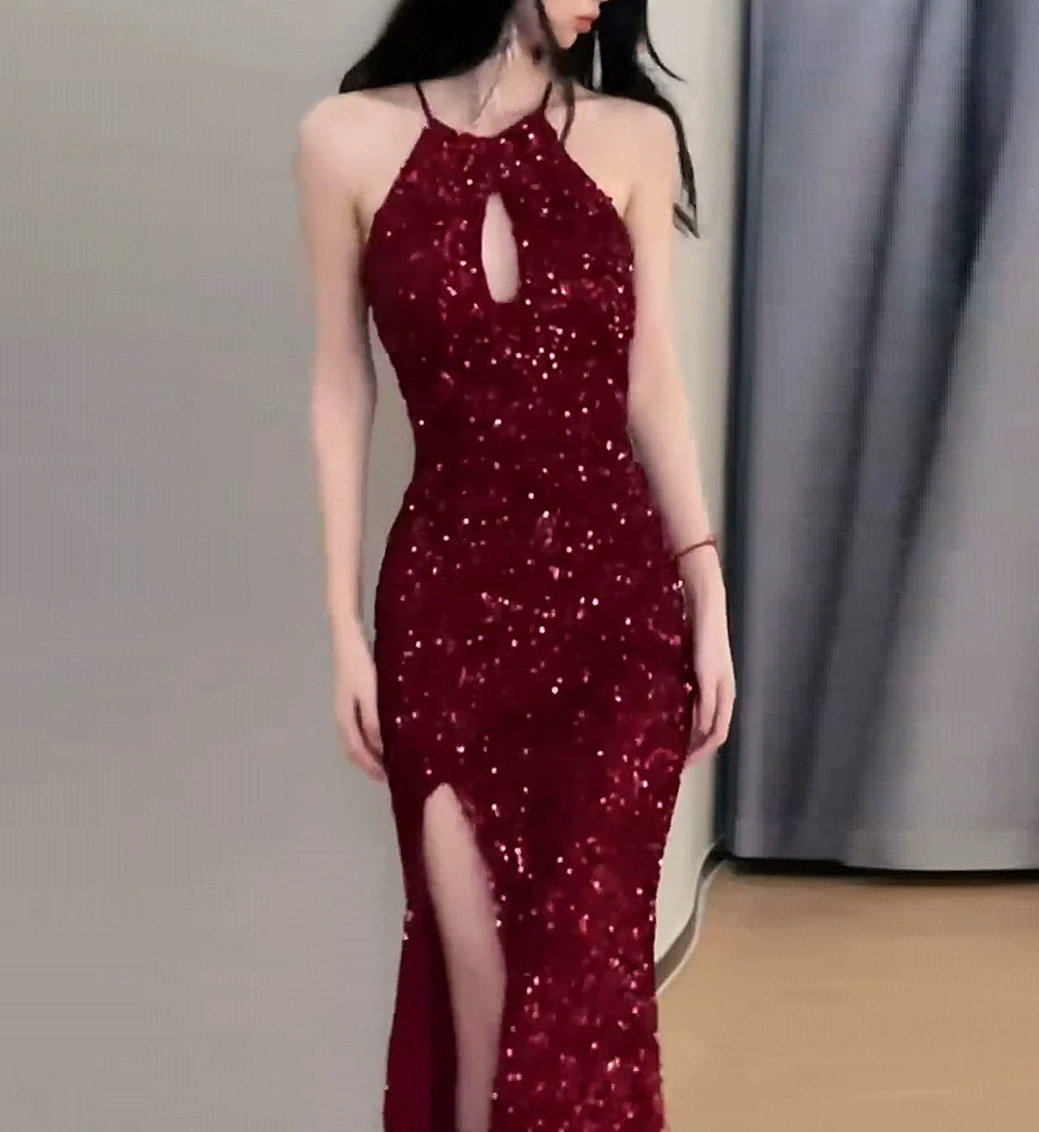 DOLLY Elegant Sleeveless Sequin Halter High Waist Fish Tail Evening Dress-BECCA