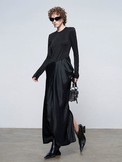 ANNAKIKI designer black acetate panel slim long-sleeved dress-JASMINE